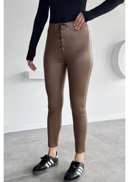 Kadın Şardonlu Bel Bağcıklı Detaylı Deri Tayt P-00001167 fiyatları