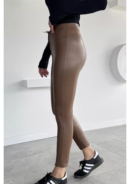 Kadın Şardonlu Bel Bağcıklı Detaylı Deri Tayt P-00001167 modelleri