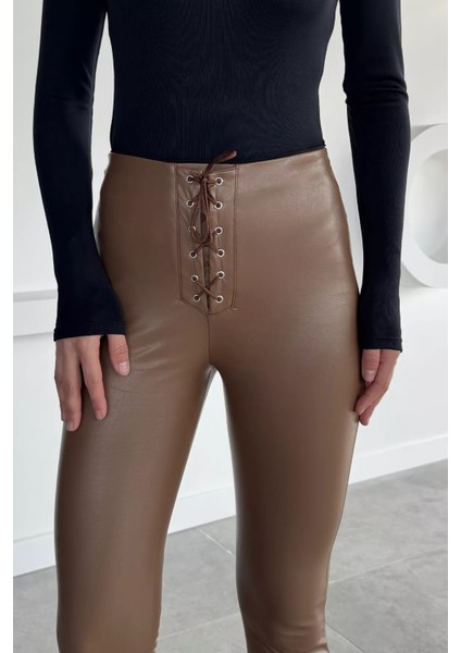 Kadın Şardonlu Bel Bağcıklı Detaylı Deri Tayt P-00001167 fırsatları