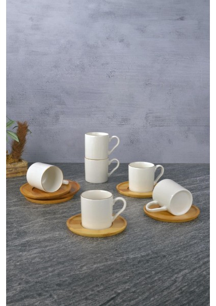 6 Lı Bambu Tabaklı Porselen Kahve Fincanı Seti