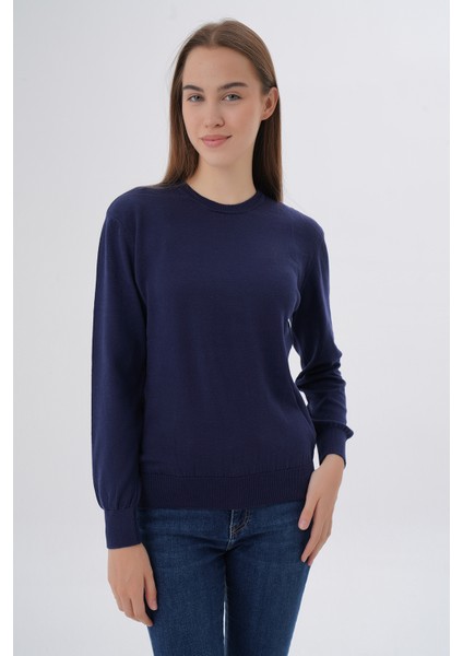 Kadın Lacivert %100 Organik Pamuk Bisiklet Yaka Triko Kazak Bluz TRIST-6101