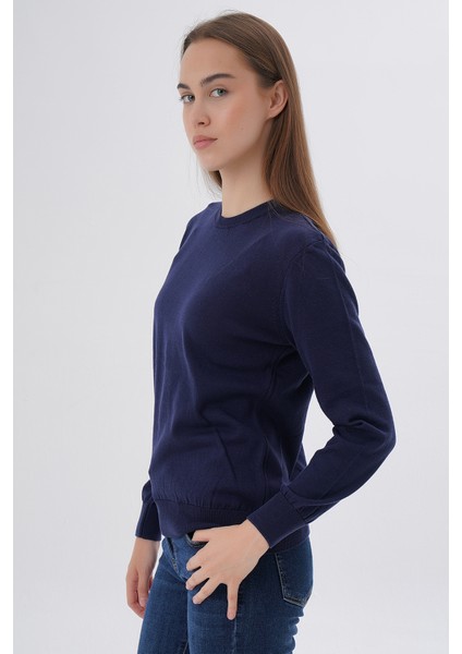 Kadın Lacivert %100 Organik Pamuk Bisiklet Yaka Triko Kazak Bluz TRIST-6101 fırsatları