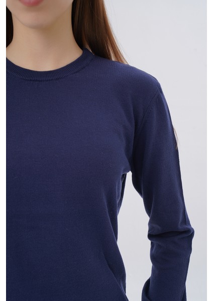 Kadın Lacivert %100 Organik Pamuk Bisiklet Yaka Triko Kazak Bluz TRIST-6101