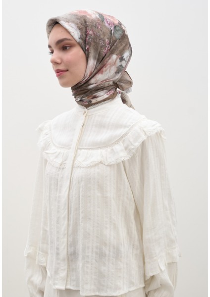 Vıntage Rose Desen Pamuklu Viskon Eşarp Vizon