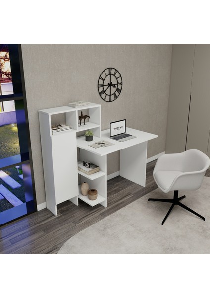 Buğra Dolaplı Raflı Çalışma Bilgisayar Masası, Beyaz - Buğra modelleri
