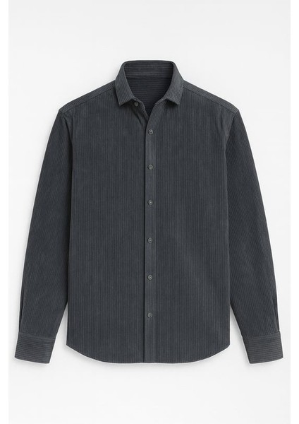 Çift Cepli İnce Fitilli Erkek Kadife Gömlek - Füme