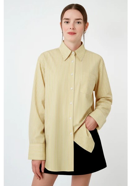 Sarı Çizgili %100 Pamuk Bol Kesim Kadın Gömlek