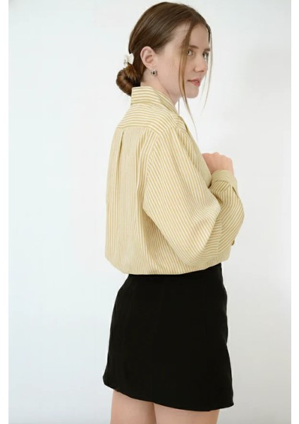 Sarı Çizgili %100 Pamuk Bol Kesim Kadın Gömlek fiyatları