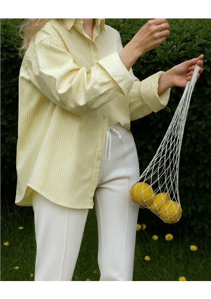 Sarı Çizgili %100 Pamuk Bol Kesim Kadın Gömlek modelleri