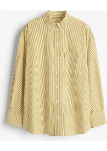 Sarı Çizgili %100 Pamuk Bol Kesim Kadın Gömlek indirimleri