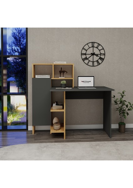 Buğra Dolaplı Raflı Çalışma Bilgisayar Masası, Antrasit Safirmeşe - Buğra