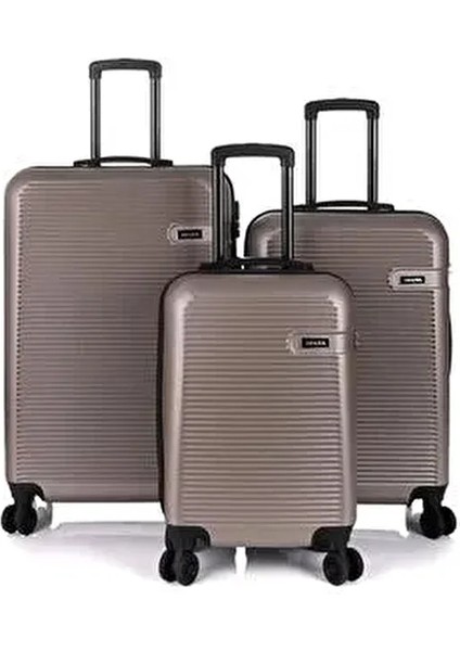 3000 3'lü Valiz Seti Hakiki Deri Büyük Boy Teleskopik Sap Altın Renk