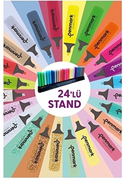 24 Renk Fosforlu Kalem Seti Neon Pastel Metalik Simli 24 Parça Standlı Kutuda