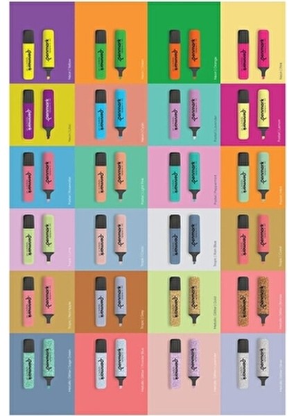 24 Renk Fosforlu Kalem Seti Neon Pastel Metalik Simli 24 Parça Standlı Kutuda