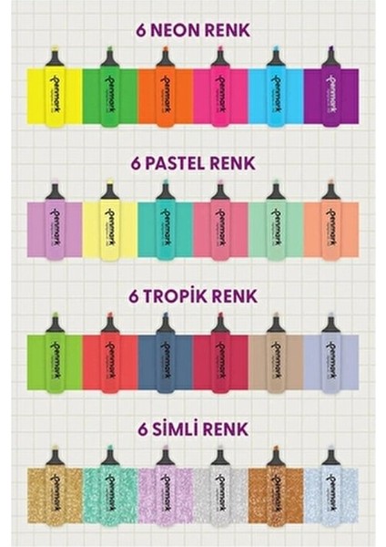 24 Renk Fosforlu Kalem Seti Neon Pastel Metalik Simli 24 Parça Standlı Kutuda