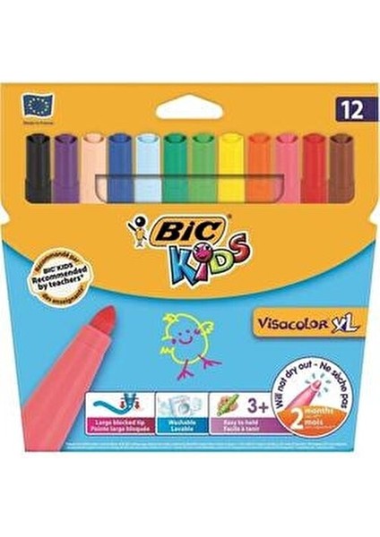BİC KİDS Visacolor XL Jumbo 12'li Yıkanabilir Keçeli Kalem Seti Çocuklar İçin Canlı Renkler fiyatları