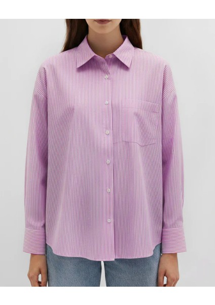 Pembe Çizgili %100 Pamuk Bol Kesim Kadın Gömlek fırsatları