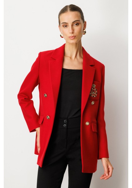 Kadın Önü Armalı Kapak Cepli Kaşe Ceket 5071 Kırmızı