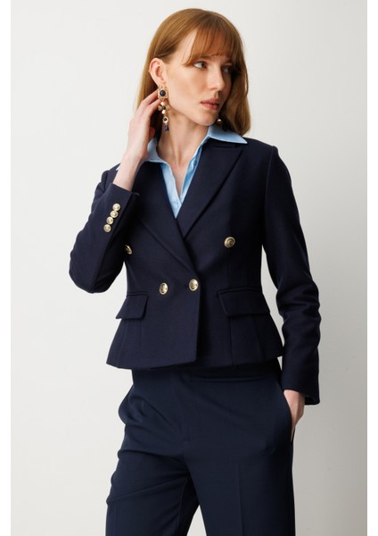 Kadın Kruvaze Yaka Kaşe Ceket 5073 Lacivert