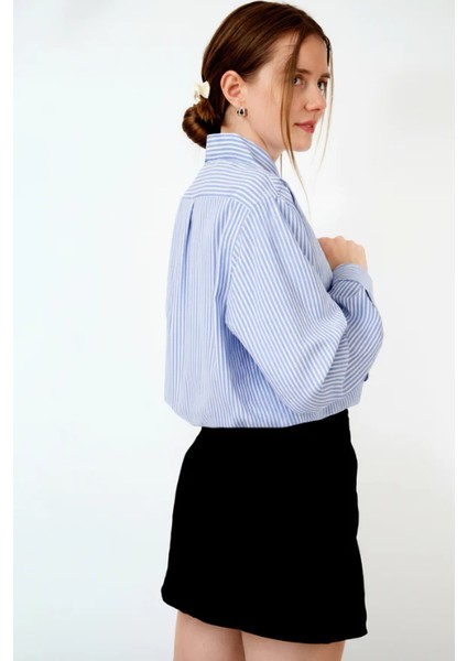 Mavi Çizgili %100 Pamuk Bol Kesim Kadın Gömlek fiyatları