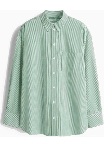 Yeşil Çizgili %100 Pamuk Bol Kesim Kadın Gömlek indirimleri