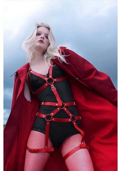 Vücudu Saran Kırmızı Deri Harness Fantazi Giyim - APFT750
