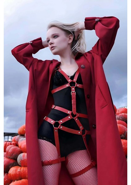 Vücudu Saran Kırmızı Deri Harness Fantazi Giyim - APFT750 fiyatları