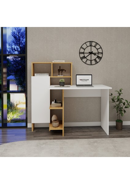 Buğra Dolaplı Raflı Çalışma Bilgisayar Masası, Beyaz Safirmeşe - Buğra