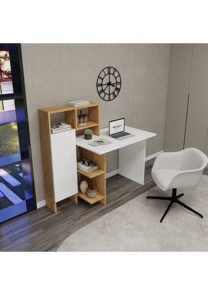 Buğra Dolaplı Raflı Çalışma Bilgisayar Masası, Beyaz Safirmeşe - Buğra modelleri