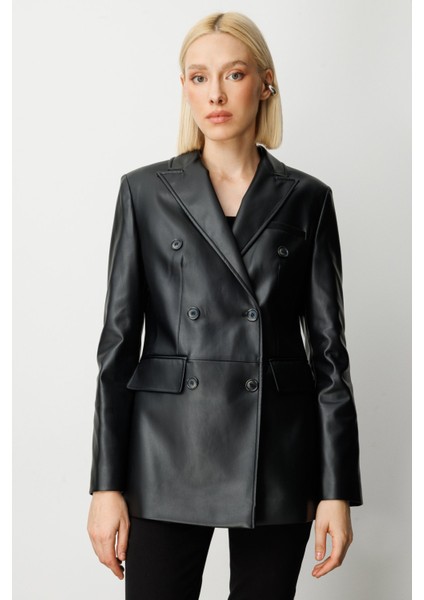 Kadın Kapak Cepli Deri Ceket 5081 Siyah