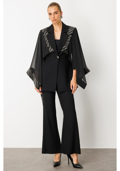 Moda Ilgi Kadın Şifon Pelerin Detaylı Taş Işlemeli Ceket 0065 Siyah