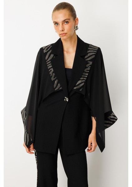 Moda Ilgi Kadın Şifon Pelerin Detaylı Taş Işlemeli Ceket 0065 Siyah fiyatları