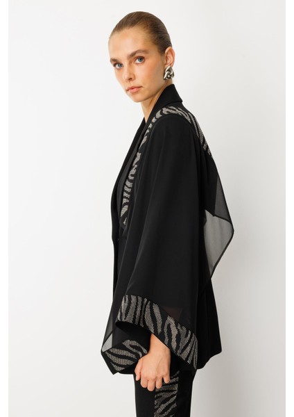 Moda Ilgi Kadın Şifon Pelerin Detaylı Taş Işlemeli Ceket 0065 Siyah modelleri