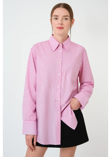 Pembe Çizgili %100 Pamuk Bol Kesim Kadın Gömlek