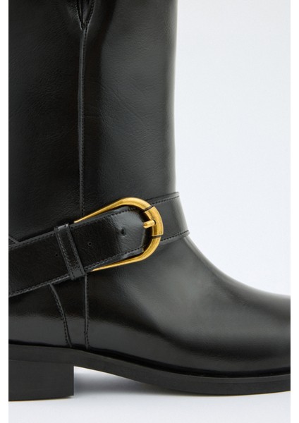 Çizme 2519 - Eskitme Gold Tokalı Biker Siyah Kadın Çizme fiyatları