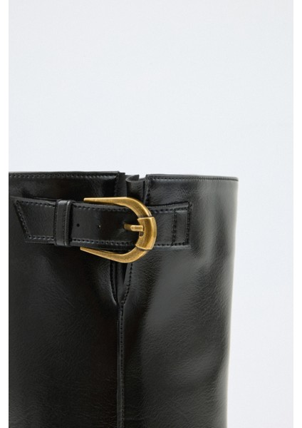 Çizme 2519 - Eskitme Gold Tokalı Biker Siyah Kadın Çizme modelleri