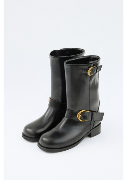 Çizme 2519 - Eskitme Gold Tokalı Biker Siyah Kadın Çizme fırsatları