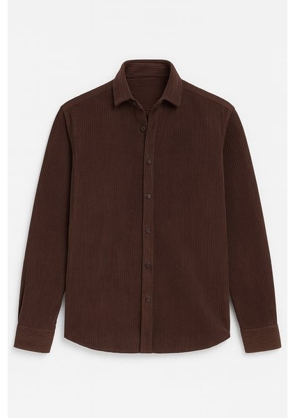 Çift Cepli İnce Fitilli Erkek Kadife Gömlek - Kahve