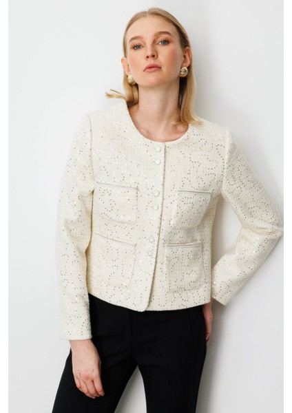 Kadın Pullu Şanel Ceket 5041 Ekru