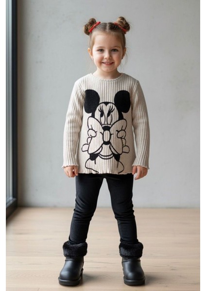 Mnn Fiyonk Kadife Baskılı Kız Çocuk Sweatshirt - Bej