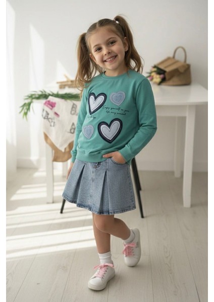 Kalp Detaylı Kot Etekli Kız Çocuk 2 li takım - Yeşil