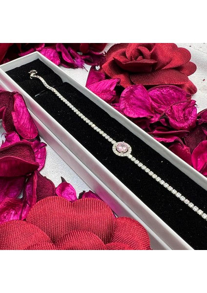 Pembe Taşlı Kadın Bileklik 925 Ayar Gümüş Rodyum Kaplama Zirkon Taşlı Zarif Tasarım