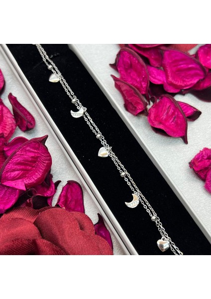 Ay ve Kalp Figürlü Kadın Bileklik 925 Ayar Gümüş Rodyum Kaplama Çift Zincirli Tasarım