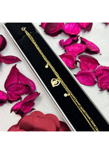 Kalp Figürlü Kadın Bileklik 925 Ayar Gümüş Altın Kaplama Çift Zincirli Zirkon Taşlı