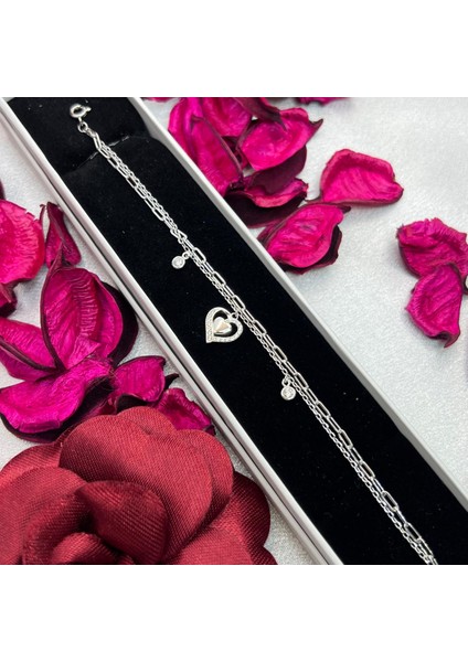 Kalp Figürlü Kadın Bileklik 925 Ayar Gümüş Rodyum Kaplama Çift Zincirli Zirkon Taşlı