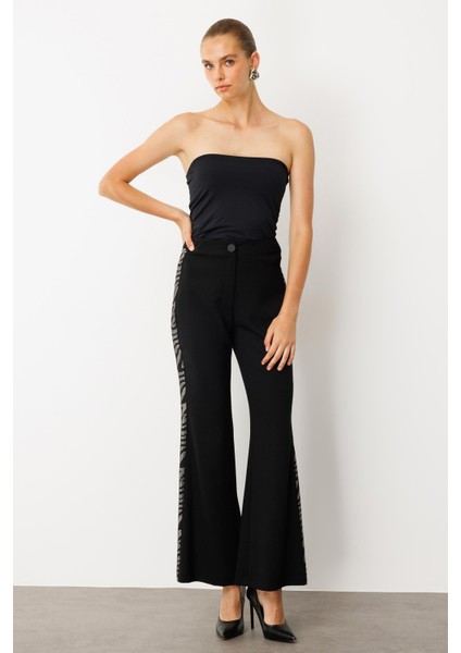 Moda Ilgi Kadın Taş Şeritli Bol Paça Pantolon 0065 Siyah