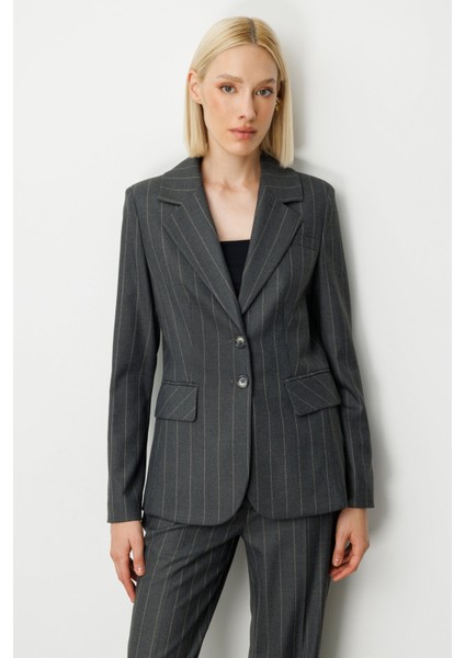 Kadın Çizgili Kapak Cepli Ceket 5127 Antrasit