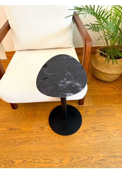 Siyah Mermer Desenli Modern 40X30 cm Zigon Yan Sehpa 8 mm Temper Cam modelleri