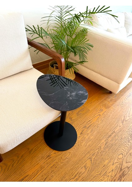 Siyah Mermer Desenli Modern 40X30 cm Zigon Yan Sehpa 8 mm Temper Cam