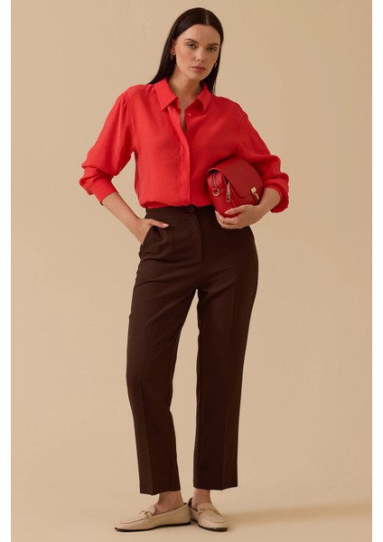 Kadın Beli Lastikli Bilek Boy Pantolon 0015 Kahverengi